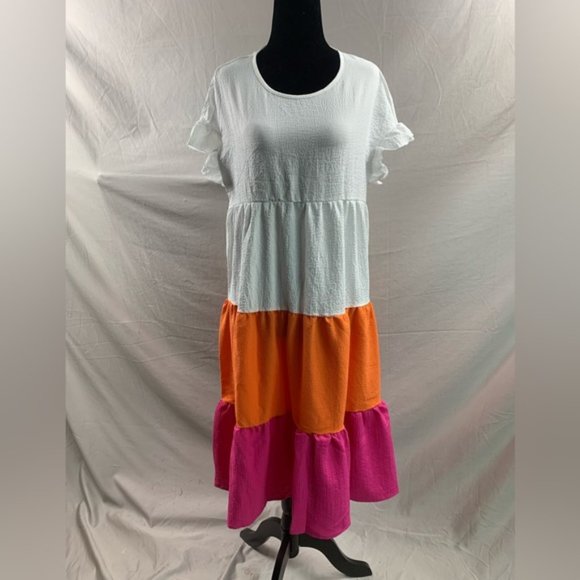 Color Block Flounce Sleeve Ruffle Hem Smock Dress 50% OFF - Picture 6 of 6